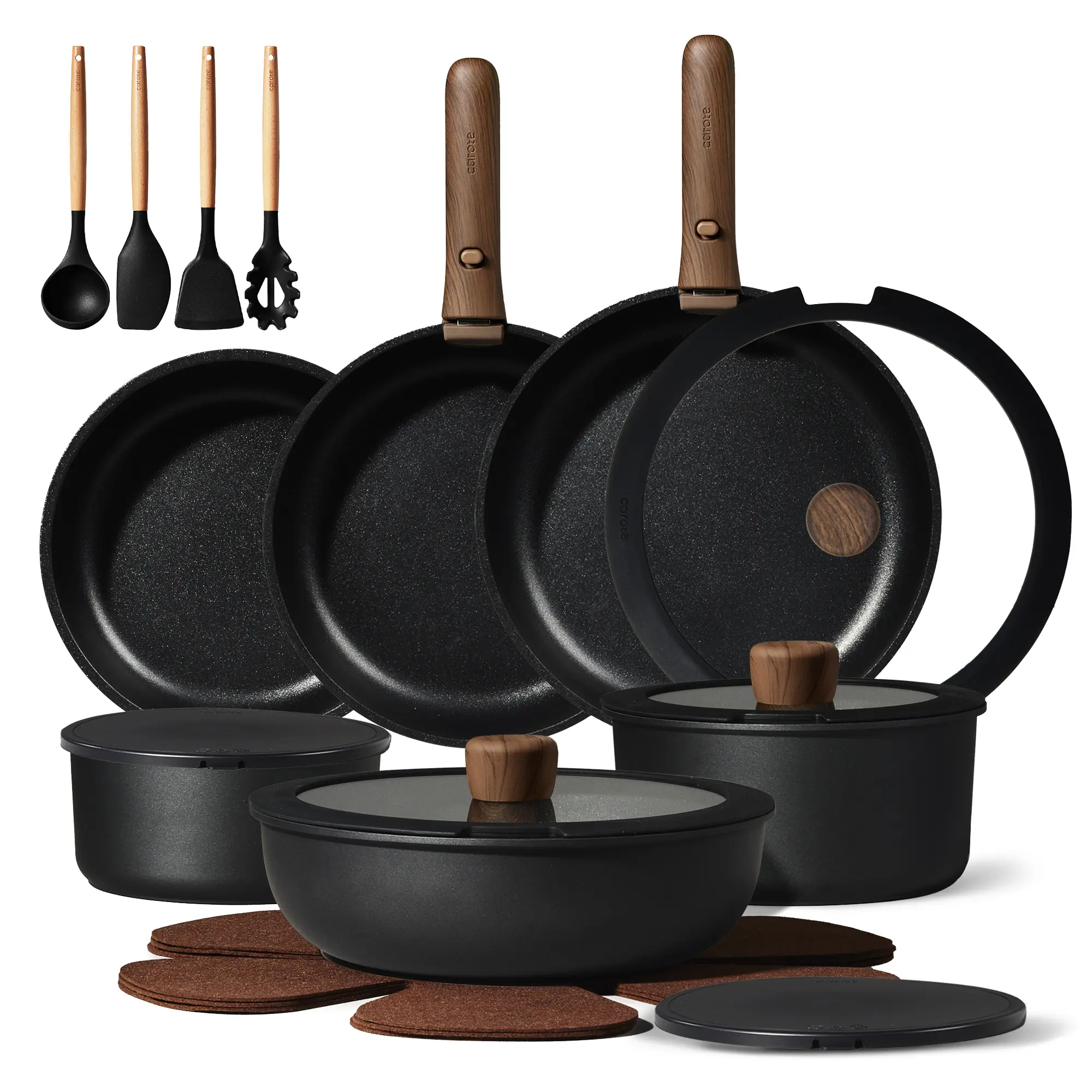 CAROTE 19/22/26pcs Pots and Pans Non Stick, Wooden Detachable Handle, Cookware Sets Induction Kitchen Pots and Pans,NonStick Cooking Set, Oven/Dishwasher/Fridge Safe, Space Saving